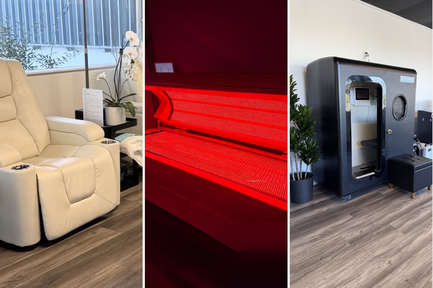 An IV chair, the red light bed and the hyperbaric chamber at Range Newport Beach